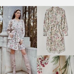 Johanna Ortiz Floral Long Sleeve 100% Linen  Dress - Cream and Pink
